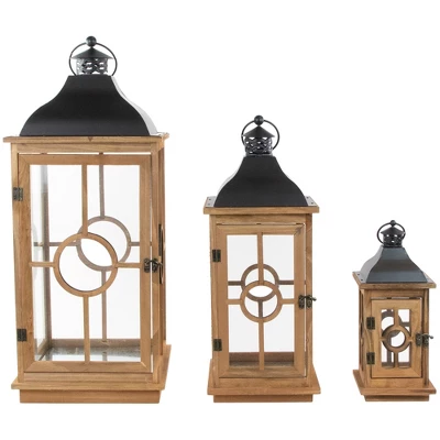 Northlight Set Of 3 Natural Wood Candle Lanterns With Black Metal Tops 26.5" 2 Northlight Set Of 3 Natural Wood Candle Lanterns With Black Metal Tops 26.5" - Image 2
