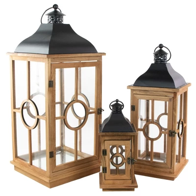 Northlight Set Of 3 Natural Wood Candle Lanterns With Black Metal Tops 26.5" 4 Northlight Set Of 3 Natural Wood Candle Lanterns With Black Metal Tops 26.5" - Image 4