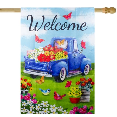 Northlight Welcome Blue Pickup Truck With Flowers Outdoor House Flag 28" X 40" 1 Northlight Welcome Blue Pickup Truck With Flowers Outdoor House Flag 28" X 40"